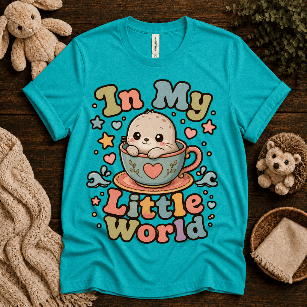 In My Little World cute animal graphic t-shirt cozy flat lay in heather sea green.