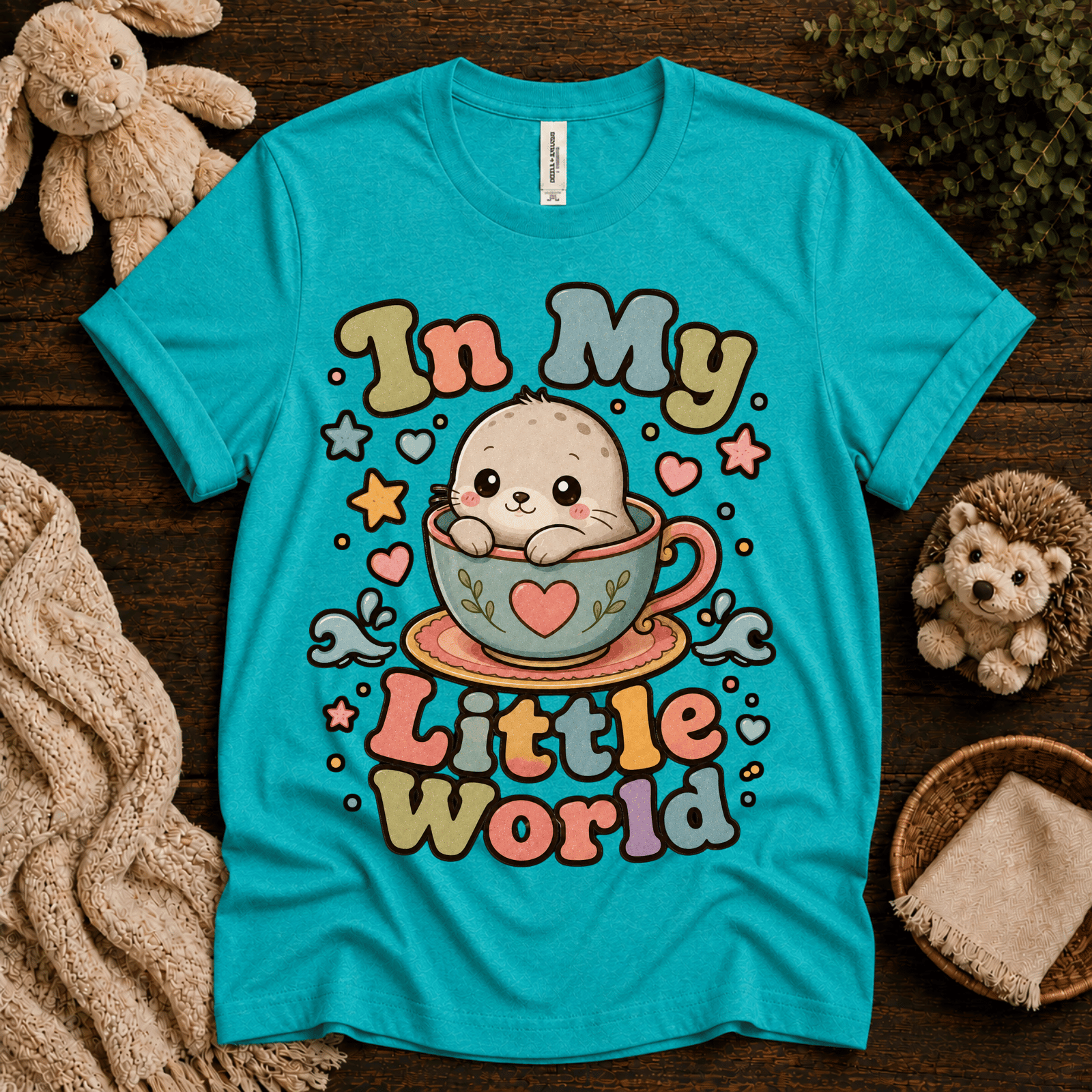 In My Little World cute animal graphic t-shirt cozy flat lay in heather sea green.