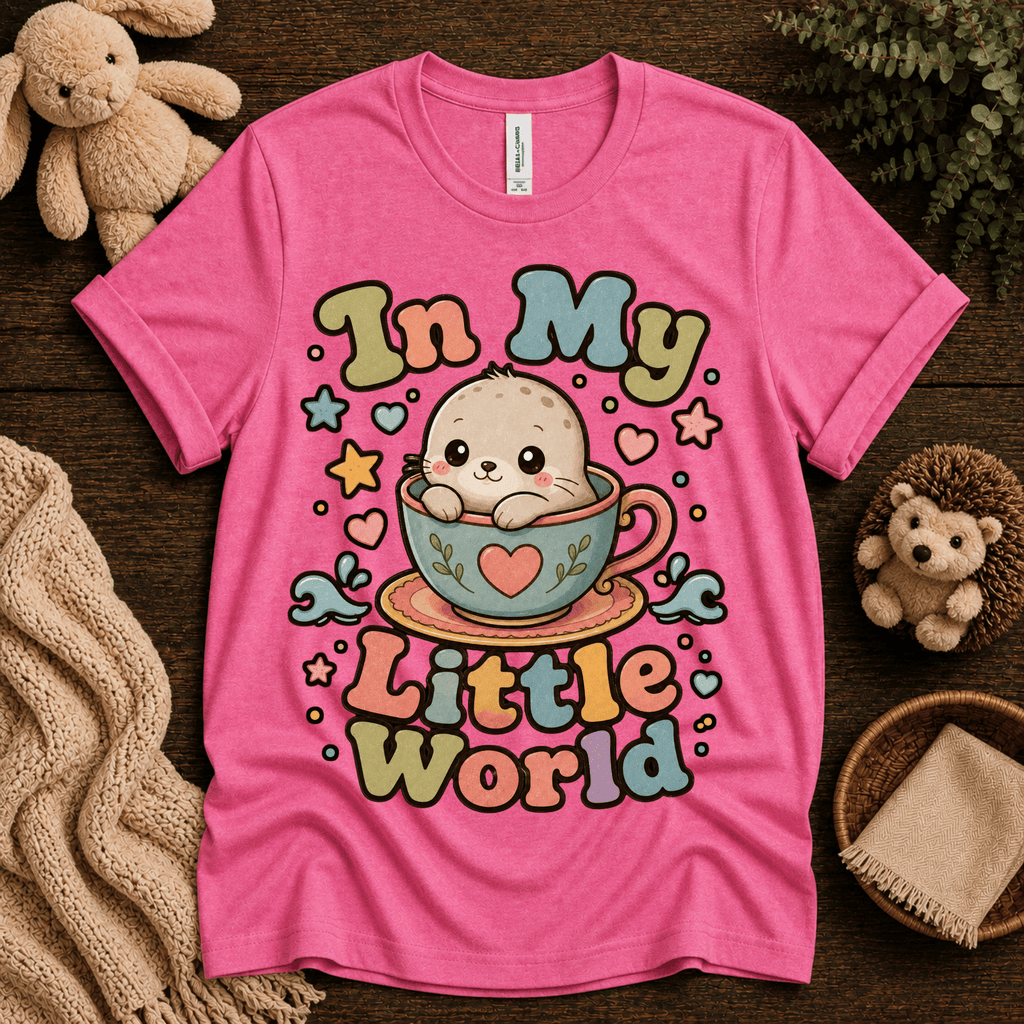 In My Little World cute animal graphic t-shirt cozy flat lay in charity pink.