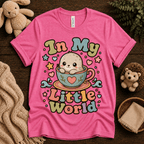 In My Little World cute animal graphic t-shirt cozy flat lay in charity pink.