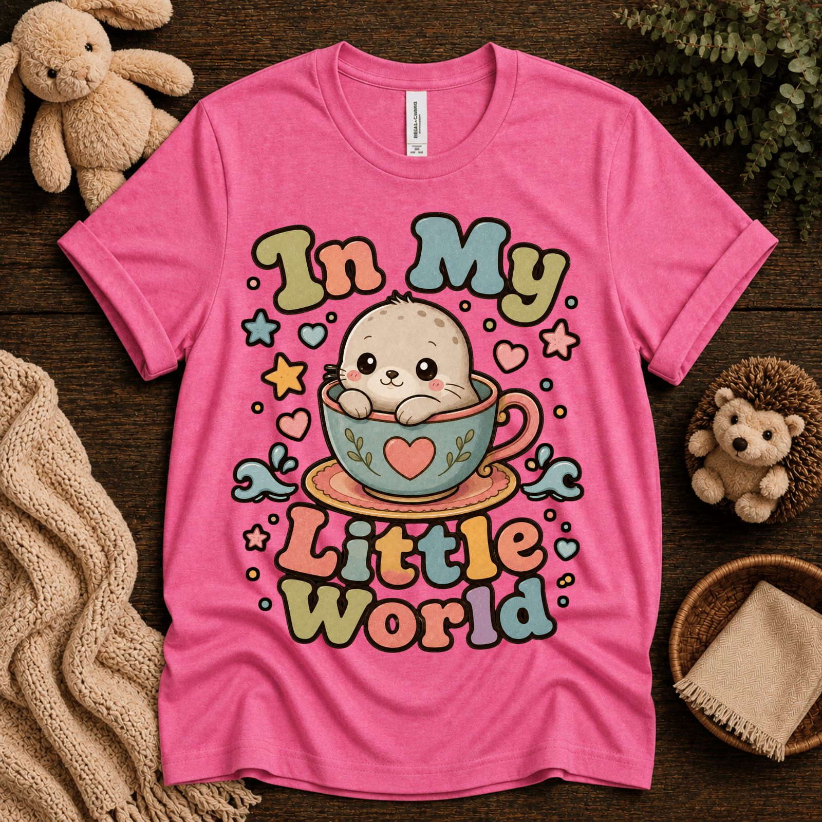 In My Little World cute animal graphic t-shirt cozy flat lay in charity pink.
