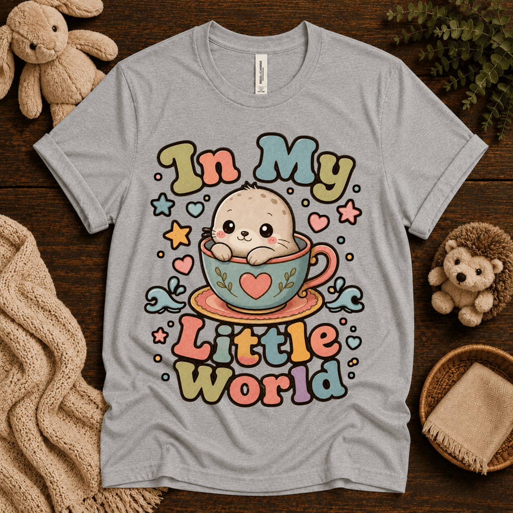In My Little World cute animal graphic t-shirt cozy flat lay in athletic heather.