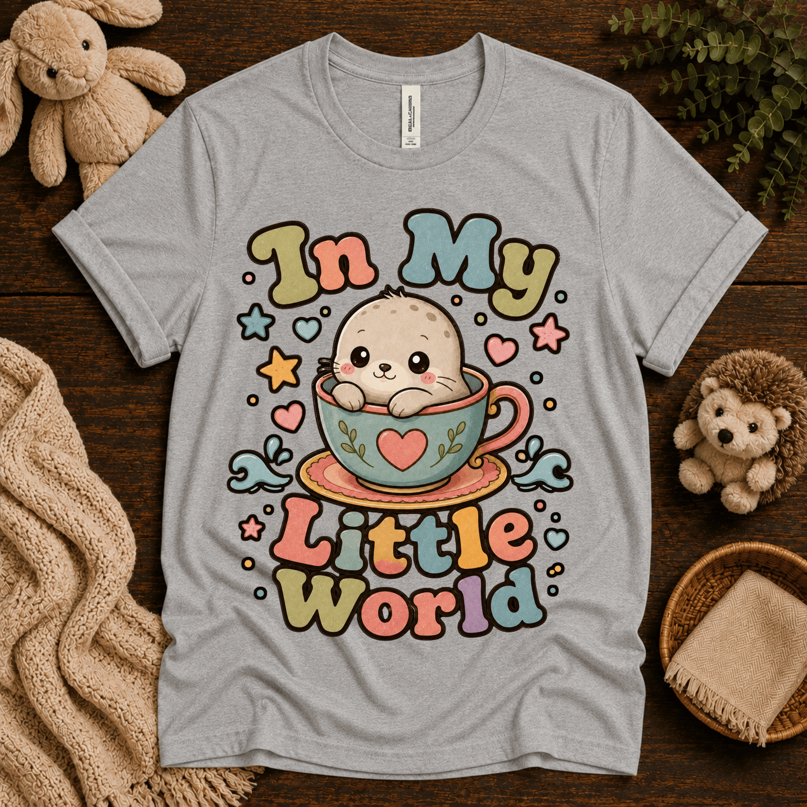 In My Little World cute animal graphic t-shirt cozy flat lay in athletic heather.