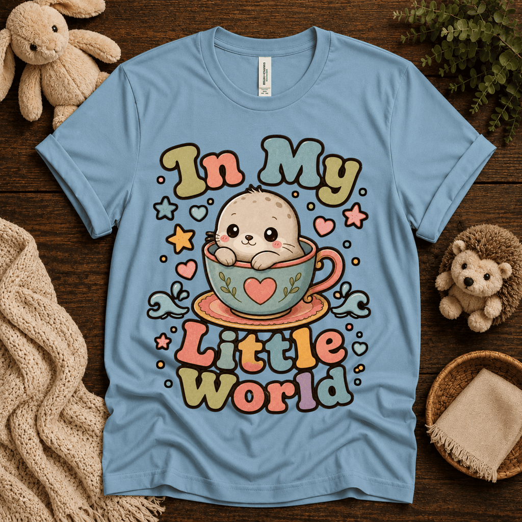 In My Little World cute animal graphic t-shirt cozy flat lay in baby blue.