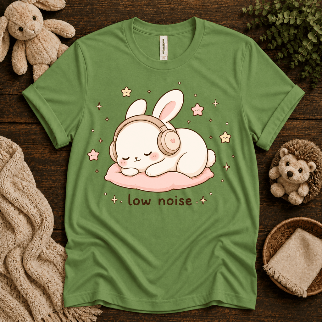 Low Noise Bunny cute animal graphic t-shirt cozy flat lay in leaf.