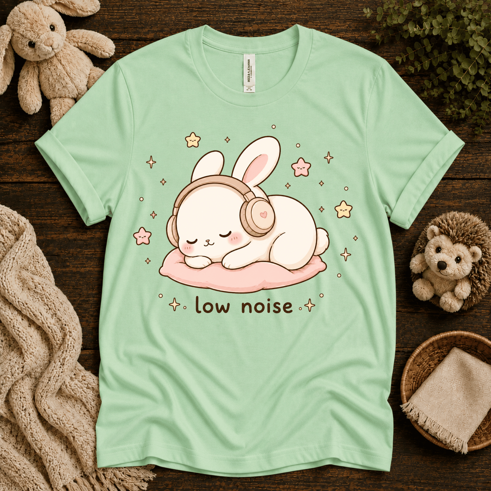 Low Noise Bunny cute animal graphic t-shirt cozy flat lay in mint.