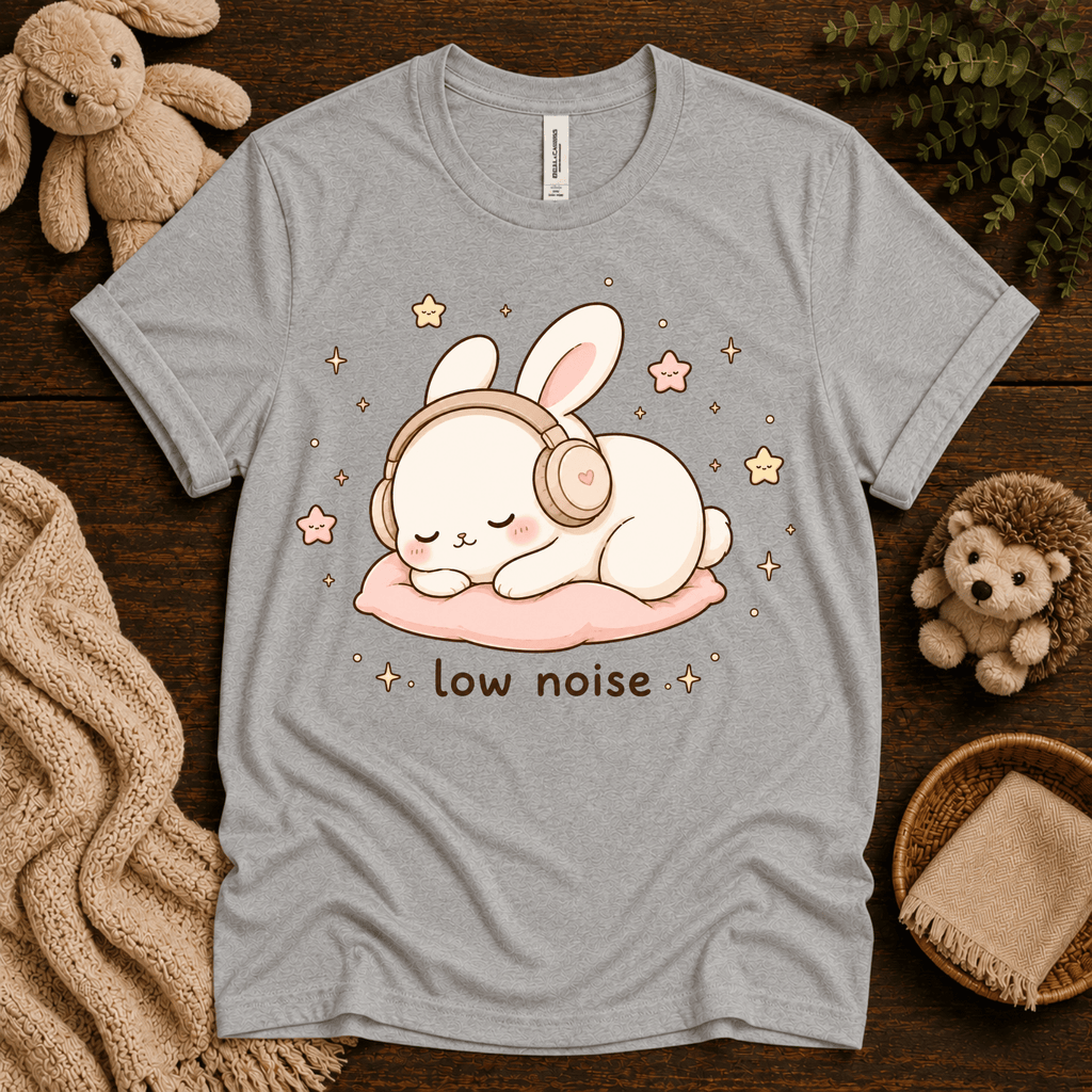 Low Noise Bunny cute animal graphic t-shirt cozy flat lay in athletic heather.