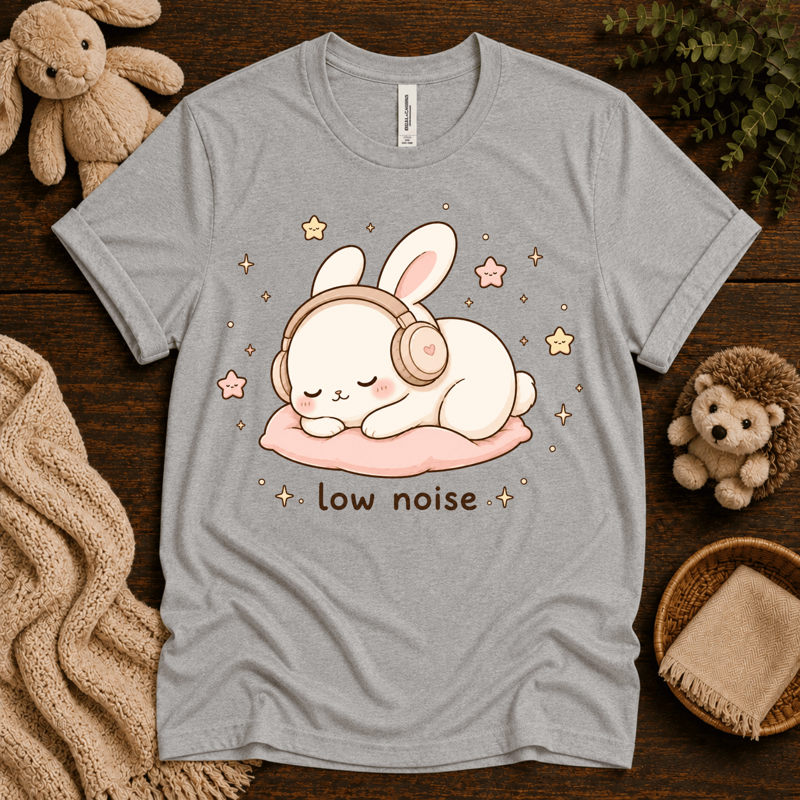 Low Noise Bunny cute animal graphic t-shirt cozy flat lay in athletic heather.