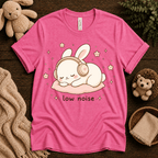Low Noise Bunny cute animal graphic t-shirt cozy flat lay in charity pink.