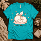 Low Noise Bunny cute animal graphic t-shirt cozy flat lay in heather sea green.