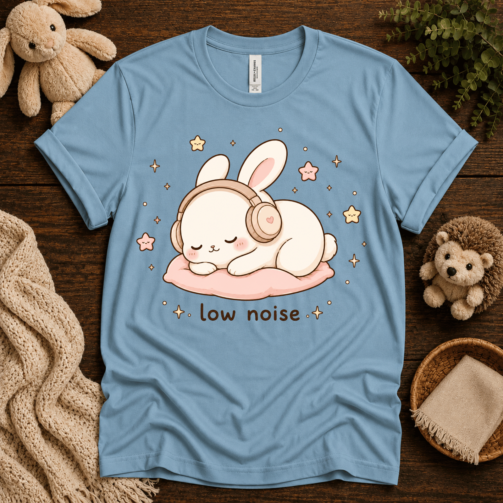 Low Noise Bunny cute animal graphic t-shirt cozy flat lay in baby blue.