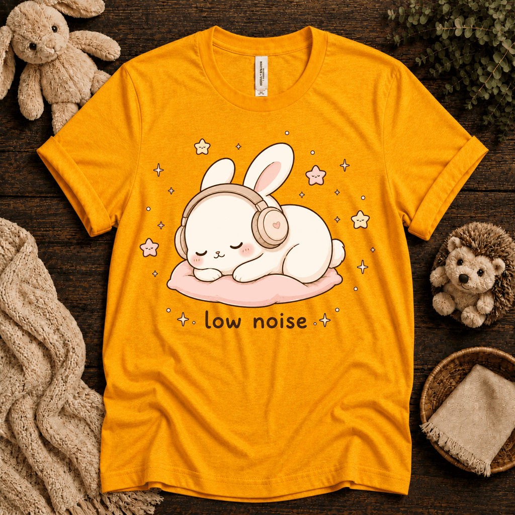 Low Noise Bunny cute animal graphic t-shirt cozy flat lay in gold.