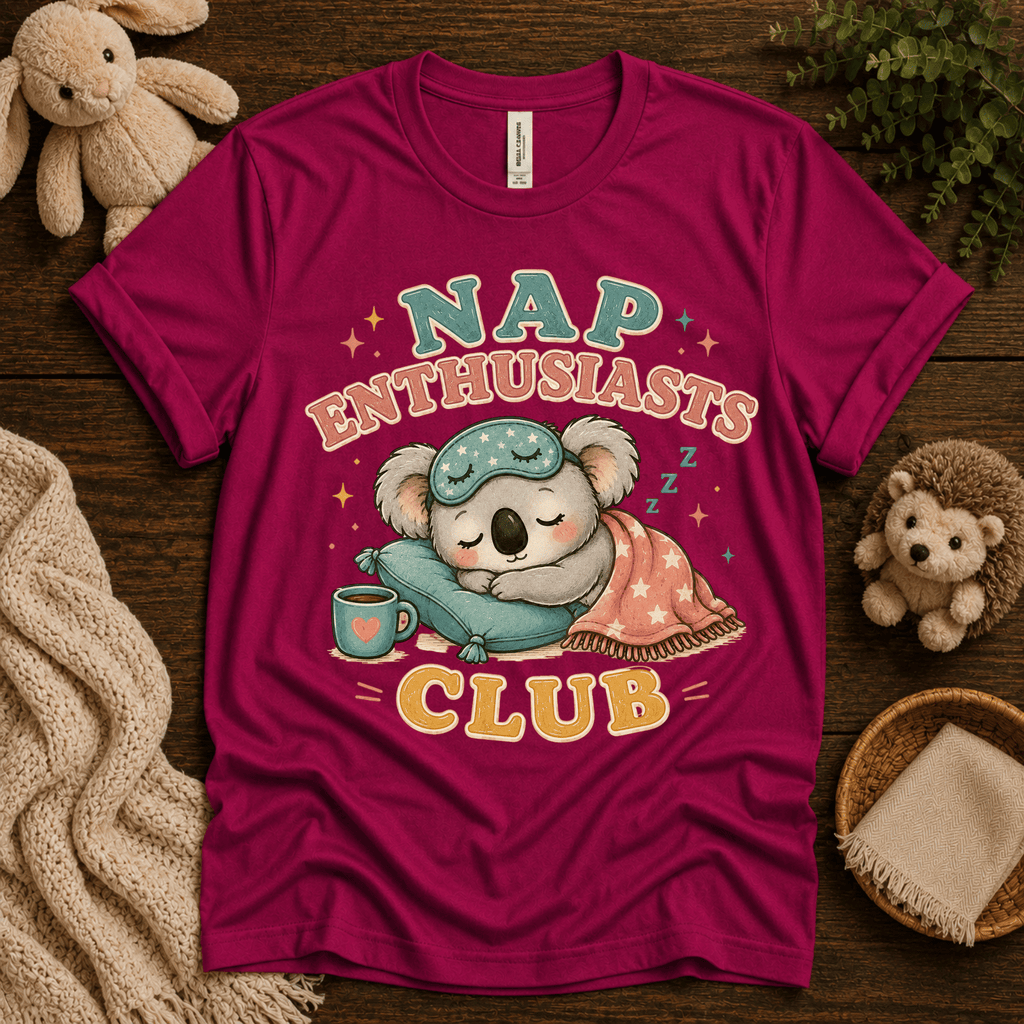 Nap Enthusiasts Club cute animal graphic t-shirt cozy flat lay in berry.