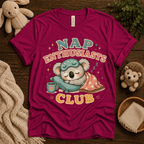 Nap Enthusiasts Club cute animal graphic t-shirt cozy flat lay in berry.