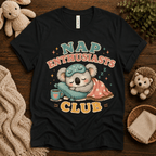Nap Enthusiasts Club cute animal graphic t-shirt cozy flat lay in vintage black.