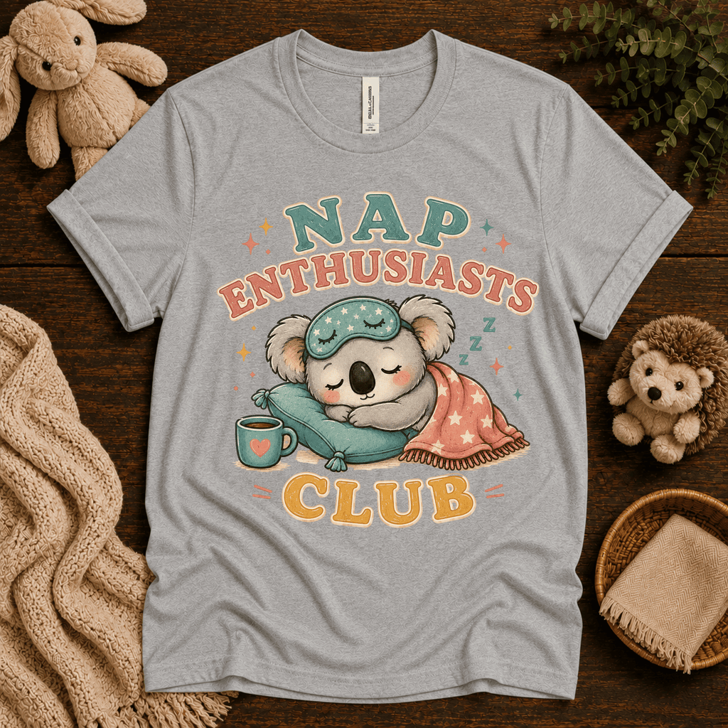 Nap Enthusiasts Club cute animal graphic t-shirt cozy flat lay in athletic heater.