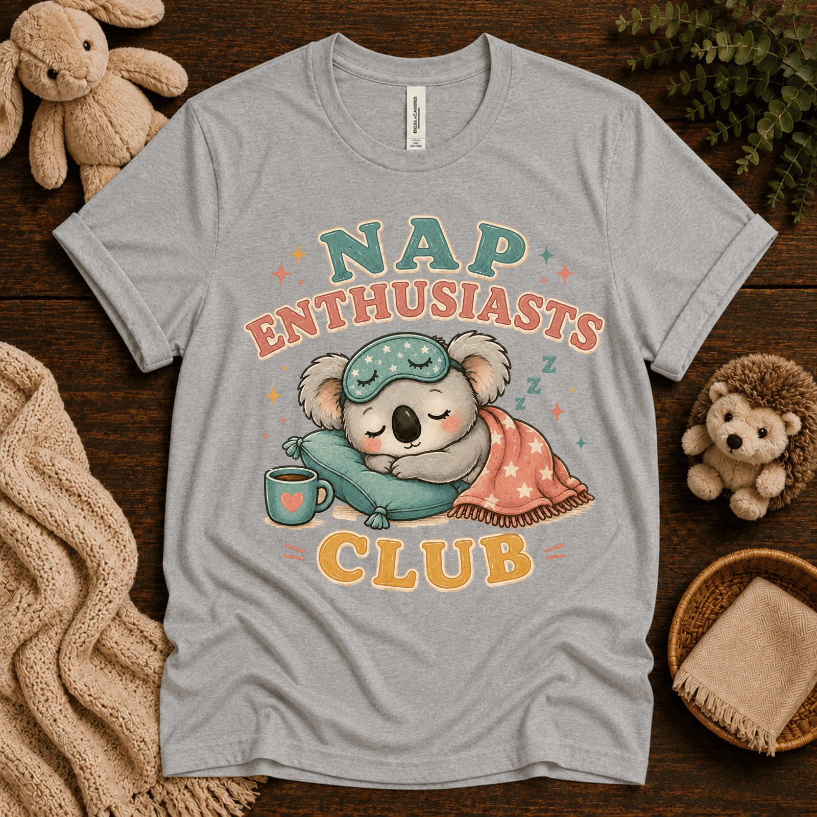 Nap Enthusiasts Club cute animal graphic t-shirt cozy flat lay in athletic heater.