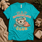 Nap Enthusiasts Club cute animal graphic t-shirt cozy flat lay in heather sea green.