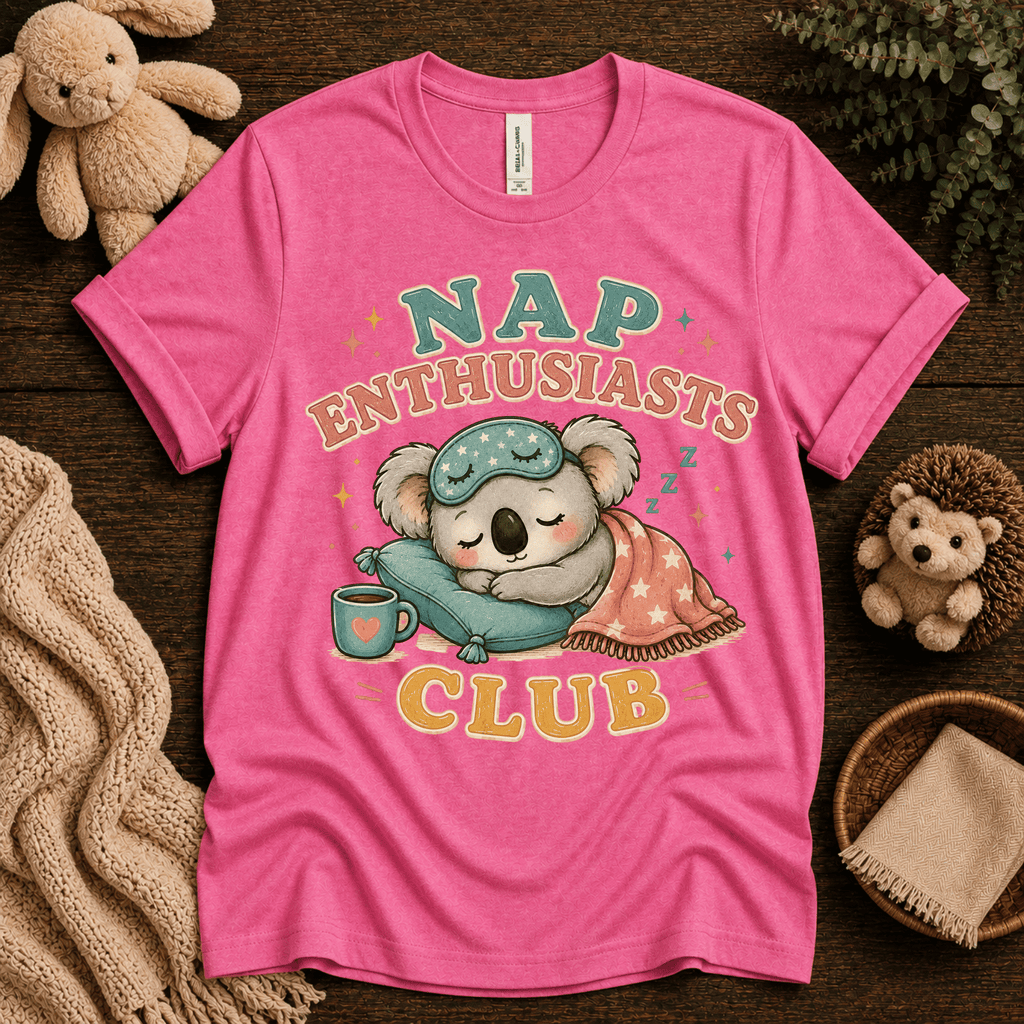 Nap Enthusiasts Club cute animal graphic t-shirt cozy flat lay in charity pink.