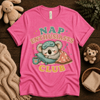Nap Enthusiasts Club cute animal graphic t-shirt cozy flat lay in charity pink.