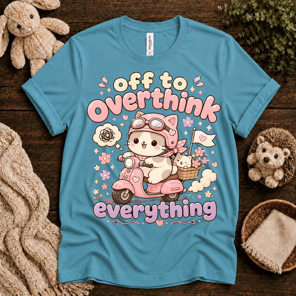 Overthink Cat cute animal graphic t-shirt cozy flat lay in aqua.