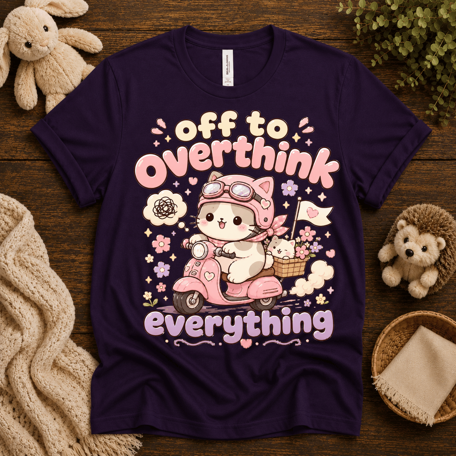 Overthink Cat cute animal graphic t-shirt cozy flat lay in team purple.