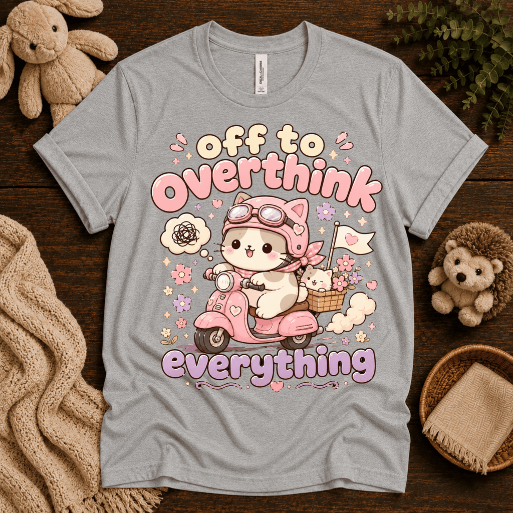 Overthink Cat cute animal graphic t-shirt cozy flat lay in athletic heather.