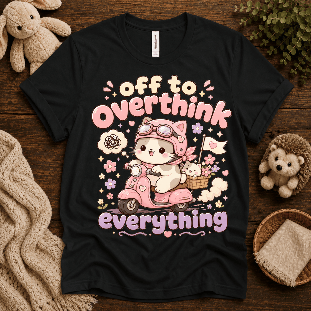 Overthink Cat cute animal graphic t-shirt cozy flat lay in vintage black.