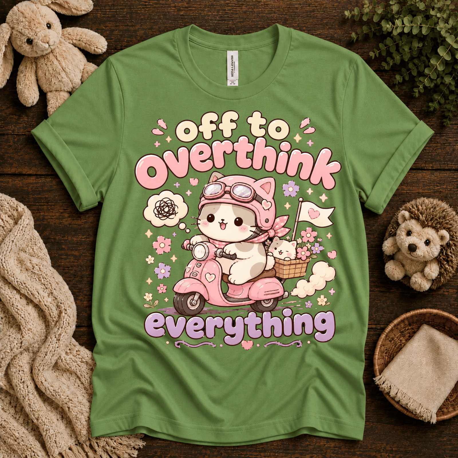Overthink Cat cute animal graphic t-shirt cozy flat lay in leaf.
