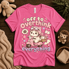 Overthink Cat cute animal graphic t-shirt cozy flat lay in charity pink.