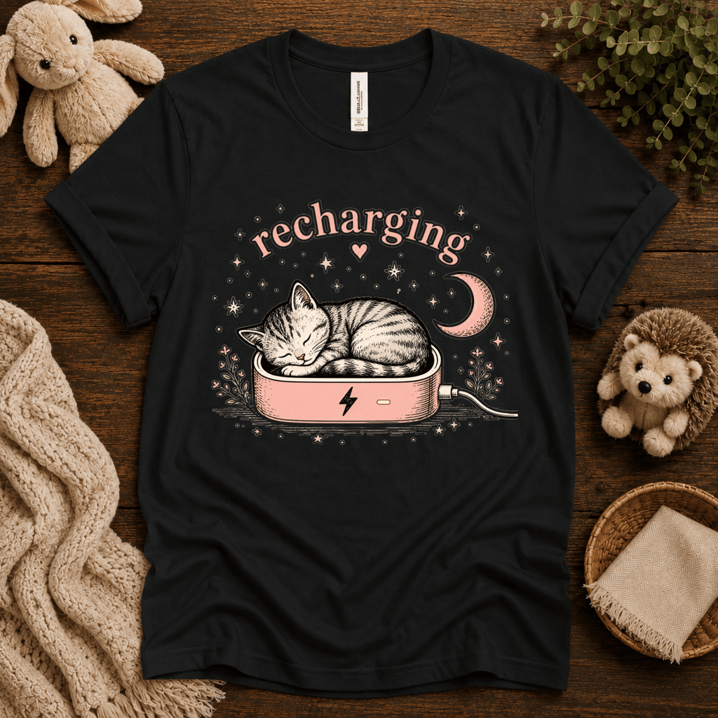 Recharging Cat cute animal graphic t-shirt cozy flat lay in vintage black.