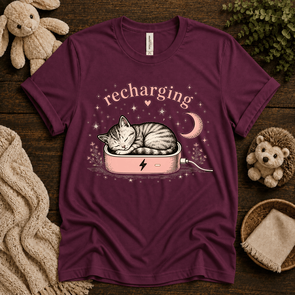 Recharging Cat cute animal graphic t-shirt cozy flat lay in maroon.