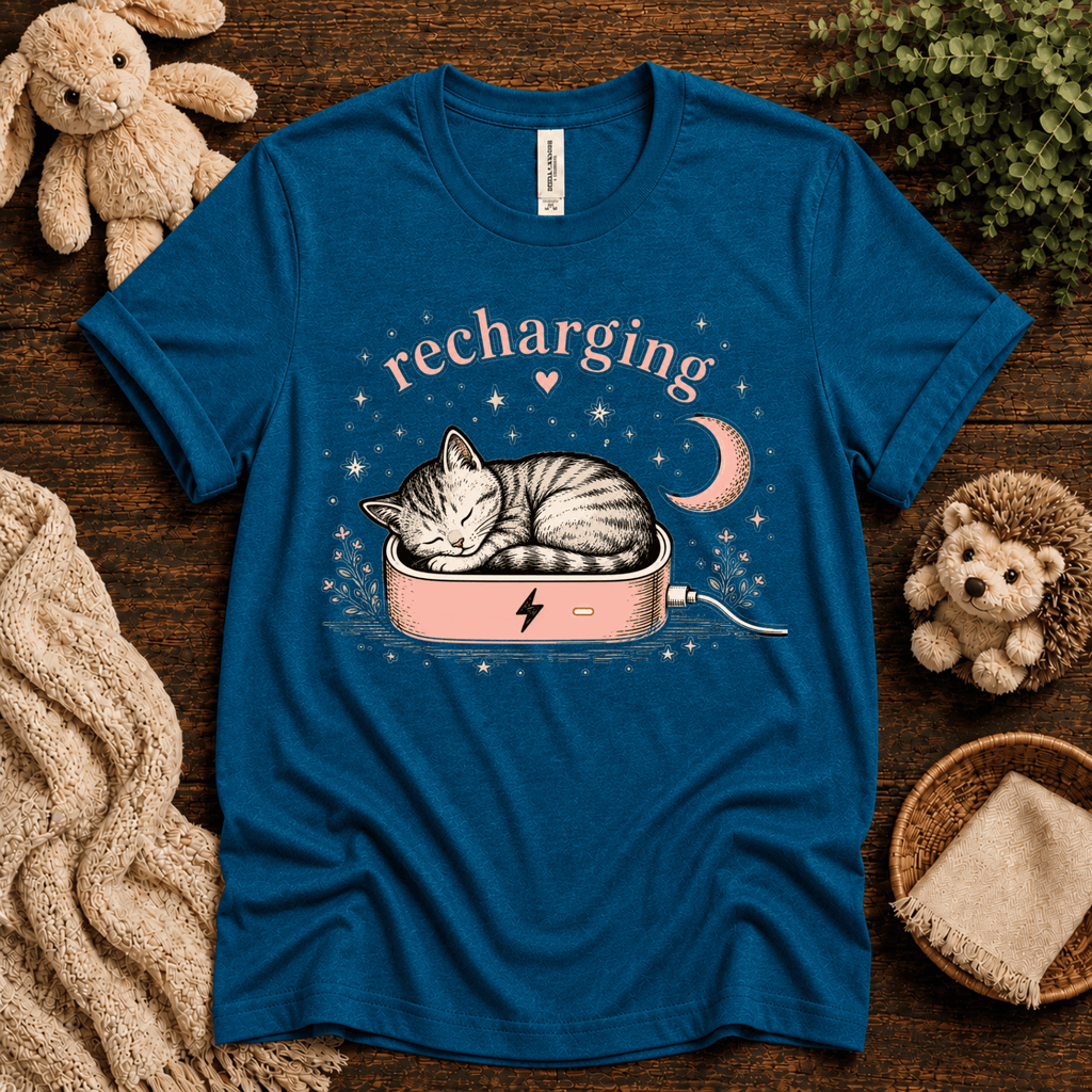 Recharging Cat cute animal graphic t-shirt cozy flat lay in deep teal.