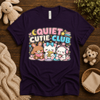 Quiet Cutie Club cute animal graphic t-shirt cozy flat lay in team purple.