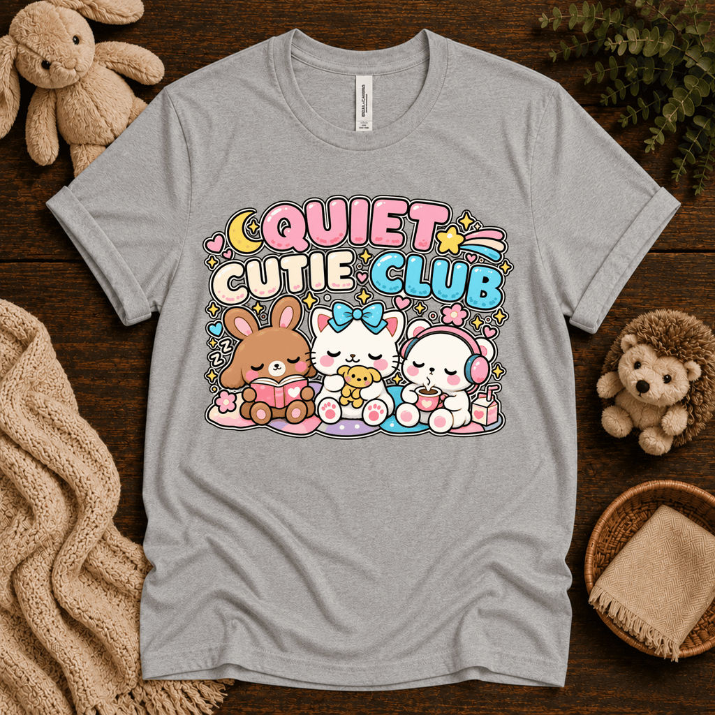 Quiet Cutie Club cute animal graphic t-shirt cozy flat lay in athletic heather.
