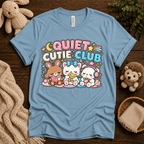 Quiet Cutie Club cute animal graphic t-shirt cozy flat lay in baby blue.