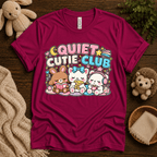 Quiet Cutie Club cute animal graphic t-shirt cozy flat lay in berry.