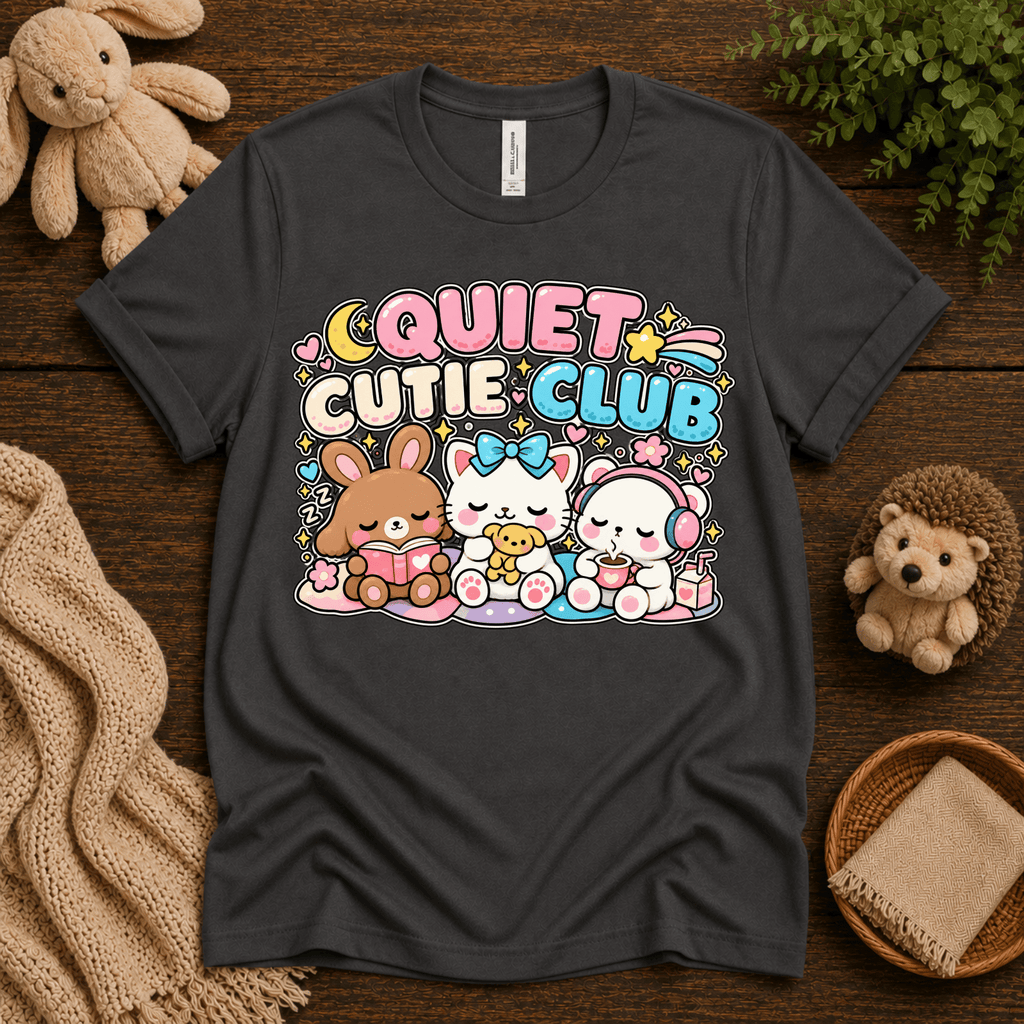 Quiet Cutie Club cute animal graphic t-shirt cozy flat lay in asphalt.