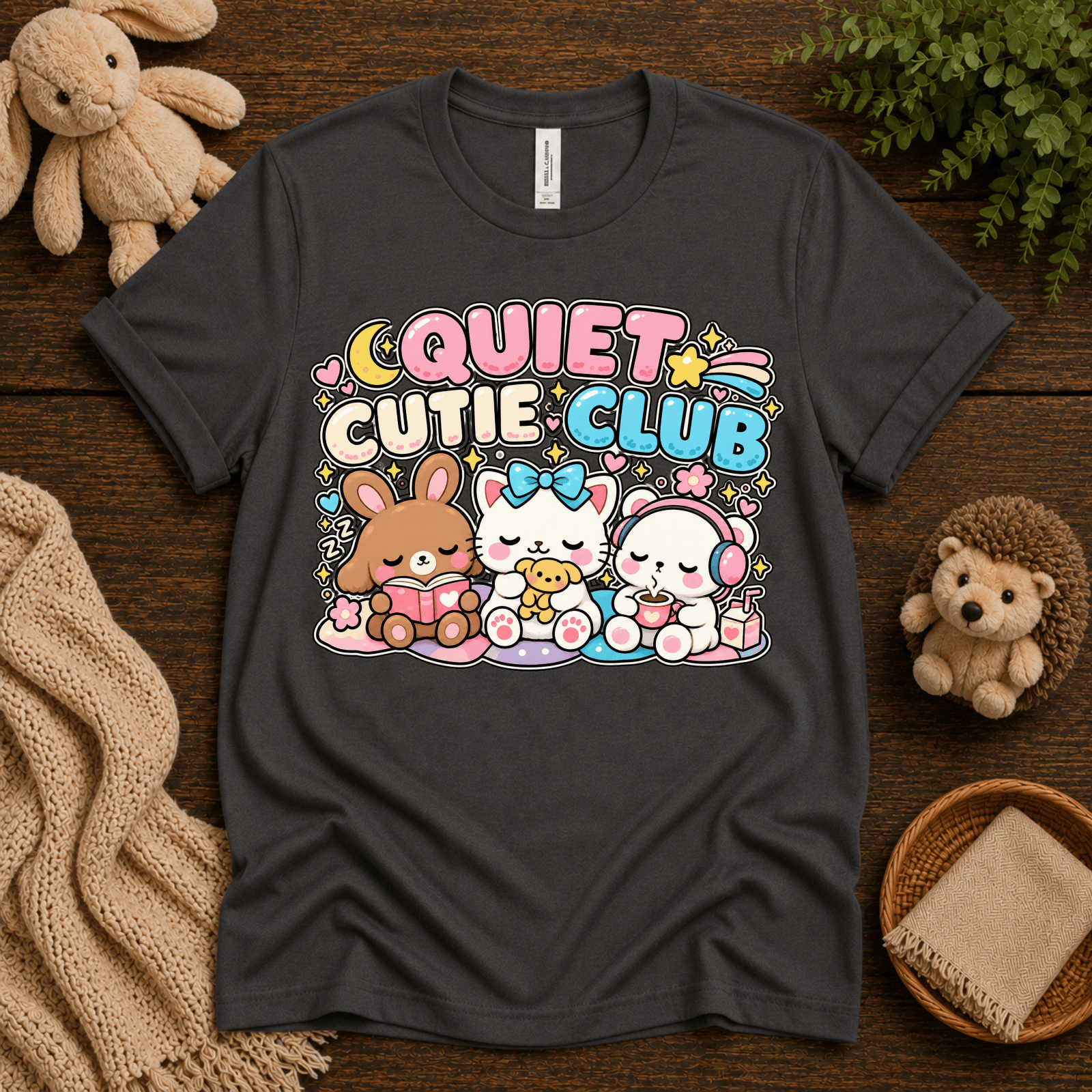 Quiet Cutie Club cute animal graphic t-shirt cozy flat lay in asphalt.
