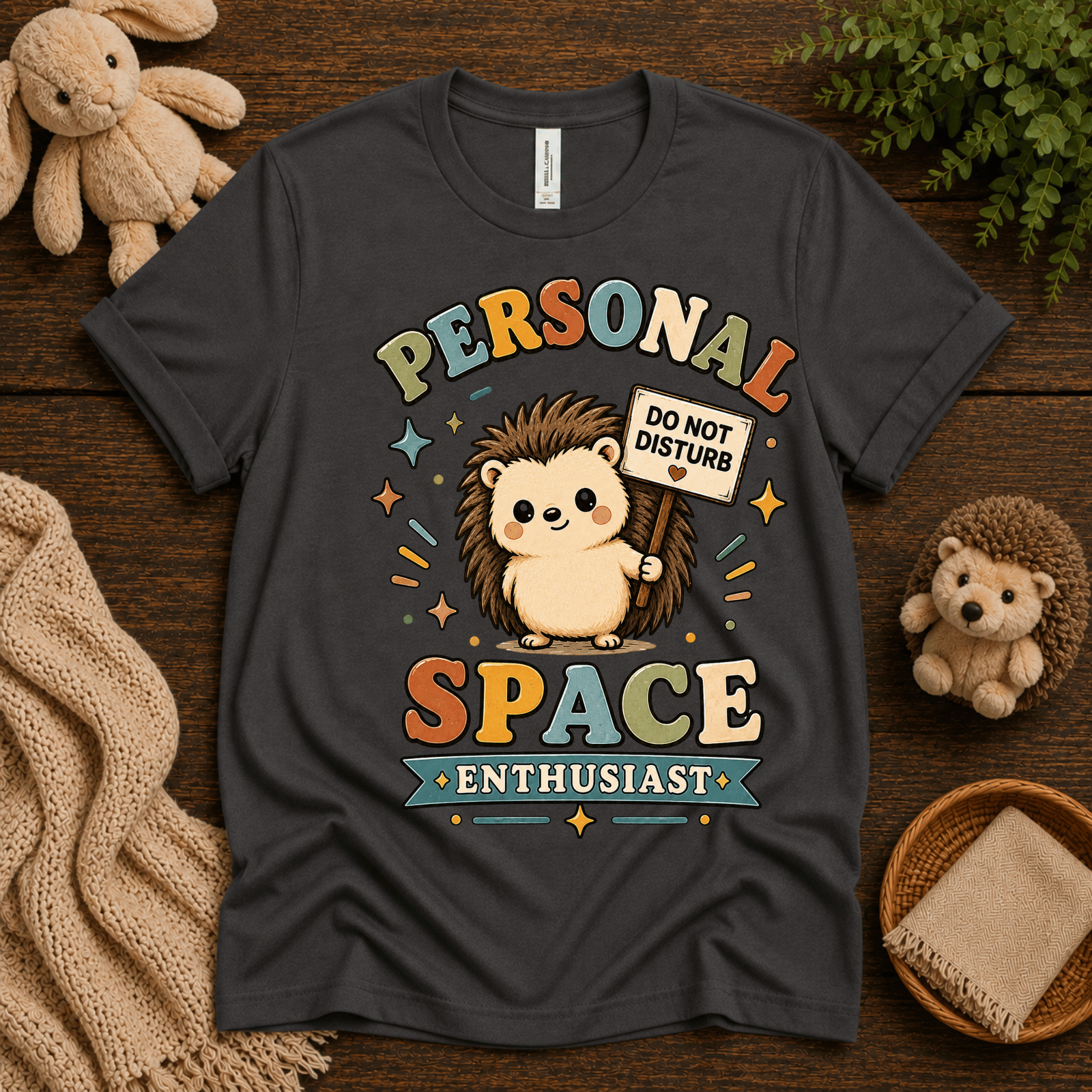 Personal Space Enthusiast cute animal graphic t-shirt cozy flat lay in asphalt.