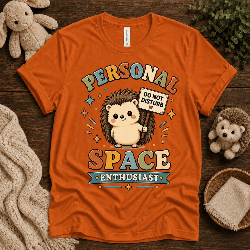 Personal Space Enthusiast cute animal graphic t-shirt cozy flat lay in burnt orange.