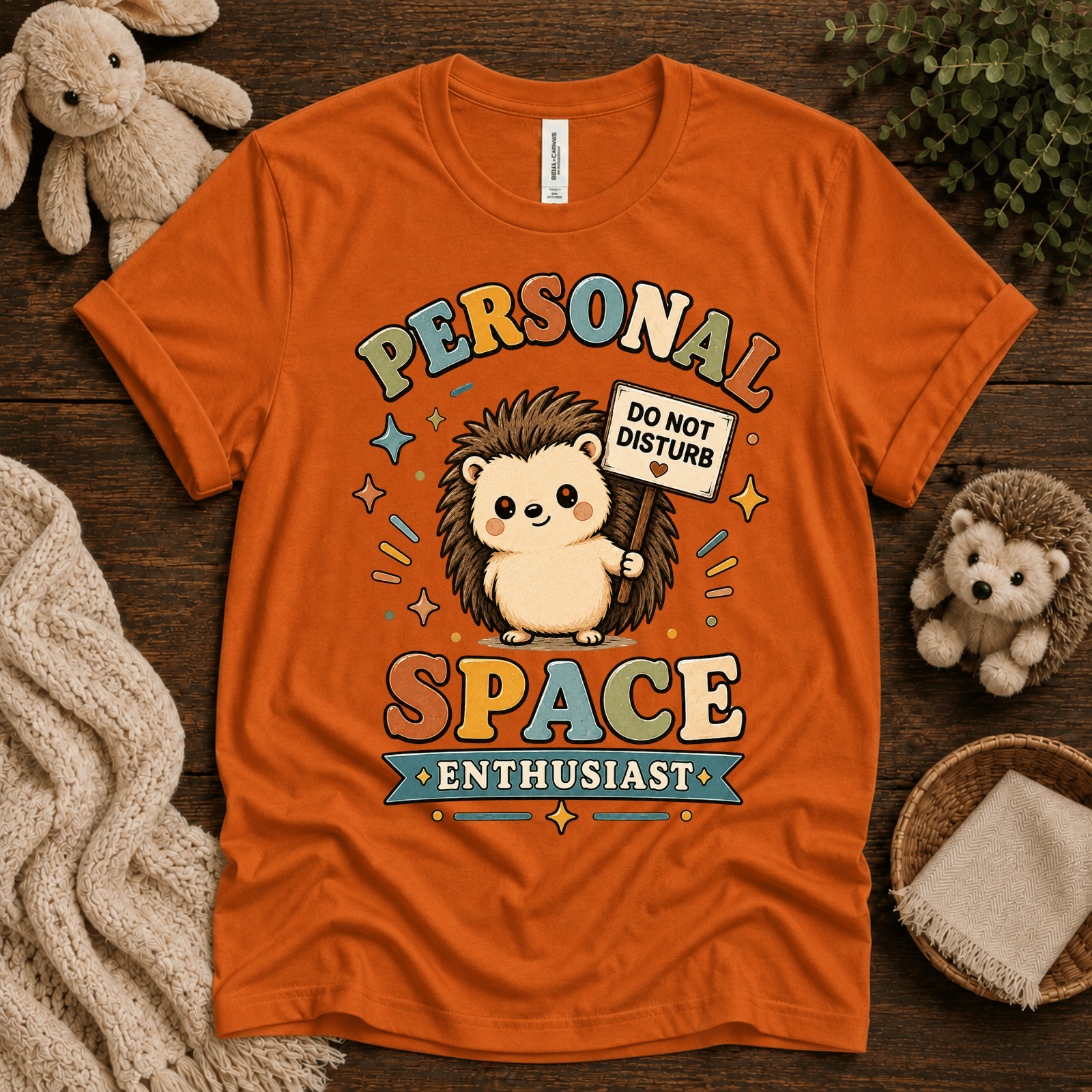 Personal Space Enthusiast cute animal graphic t-shirt cozy flat lay in burnt orange.