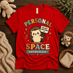 Personal Space Enthusiast cute animal graphic t-shirt cozy flat lay in red.