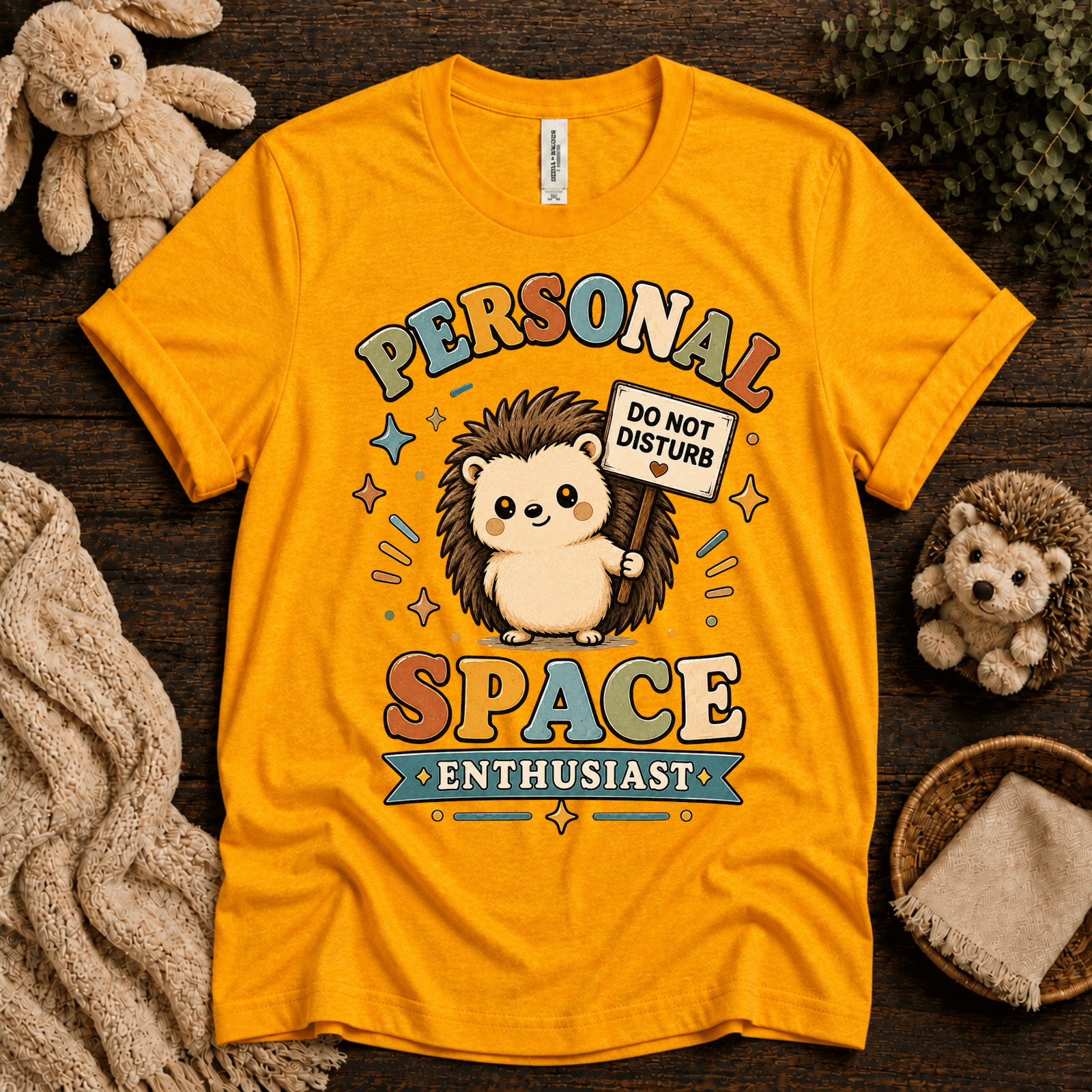 Personal Space Enthusiast cute animal graphic t-shirt cozy flat lay in gold.