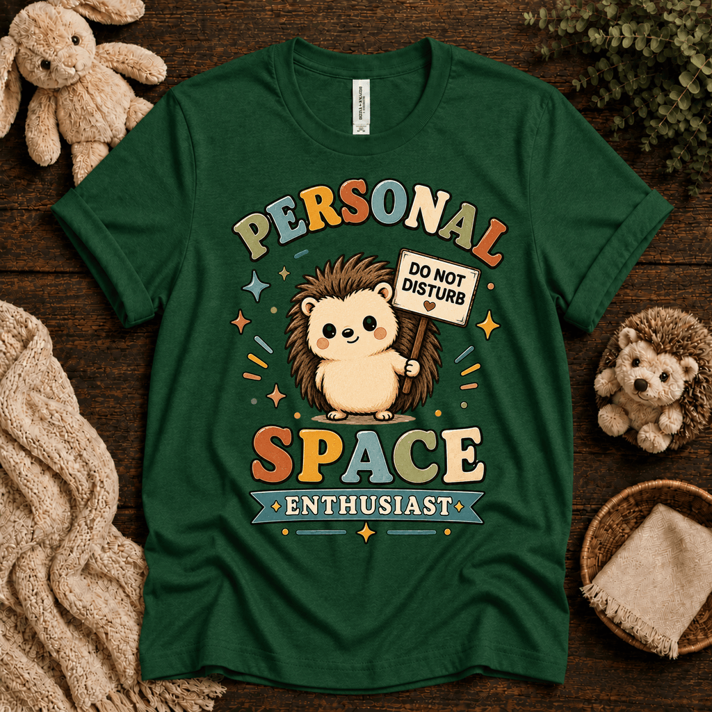 Personal Space Enthusiast cute animal graphic t-shirt cozy flat lay in evergreen.