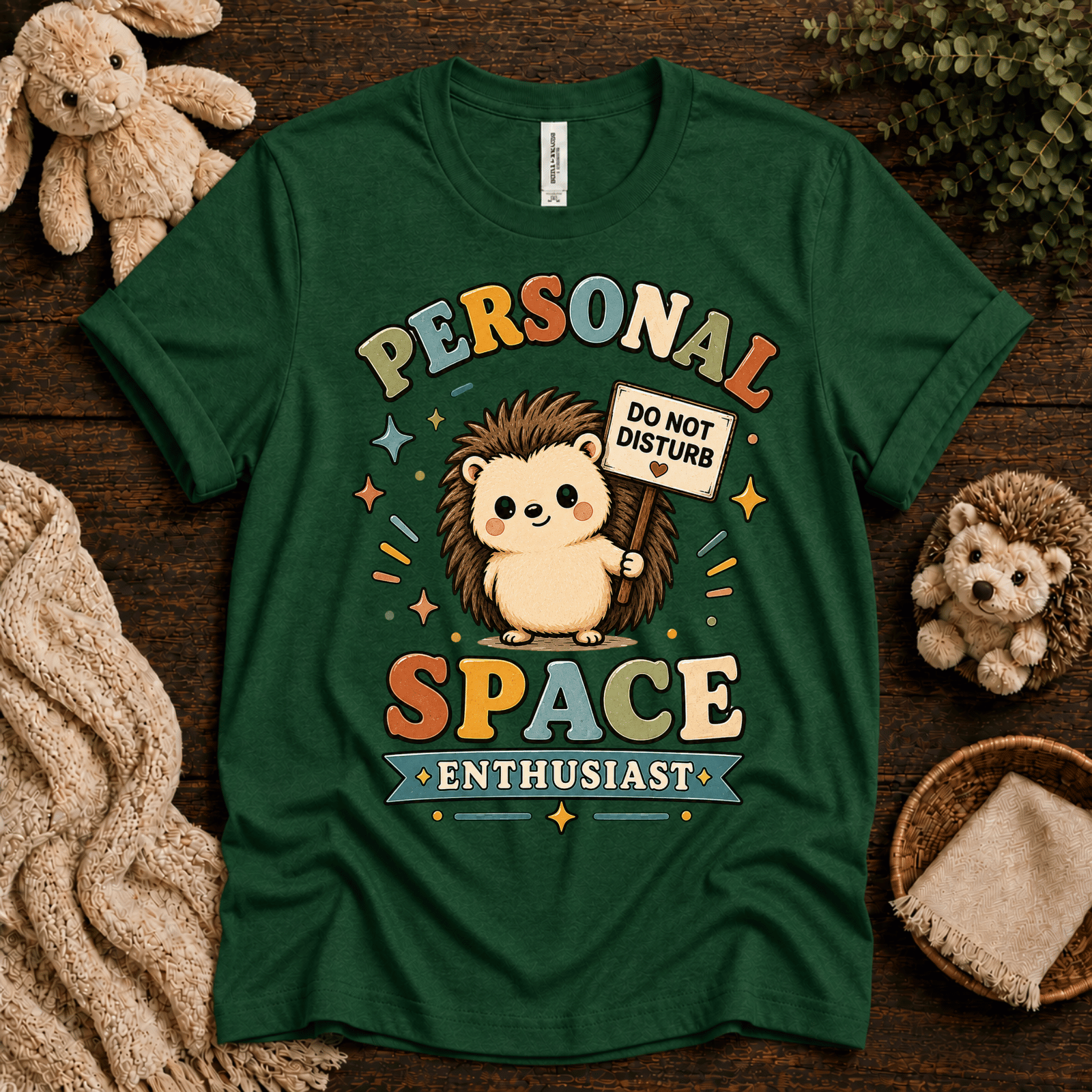Personal Space Enthusiast cute animal graphic t-shirt cozy flat lay in evergreen.