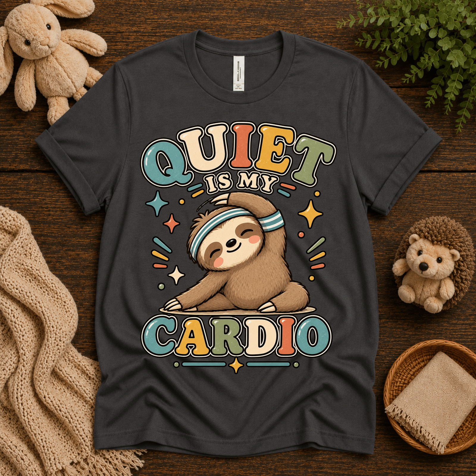 Quiet Is My Cardio cute animal graphic t-shirt cozy flat lay in asphalt.