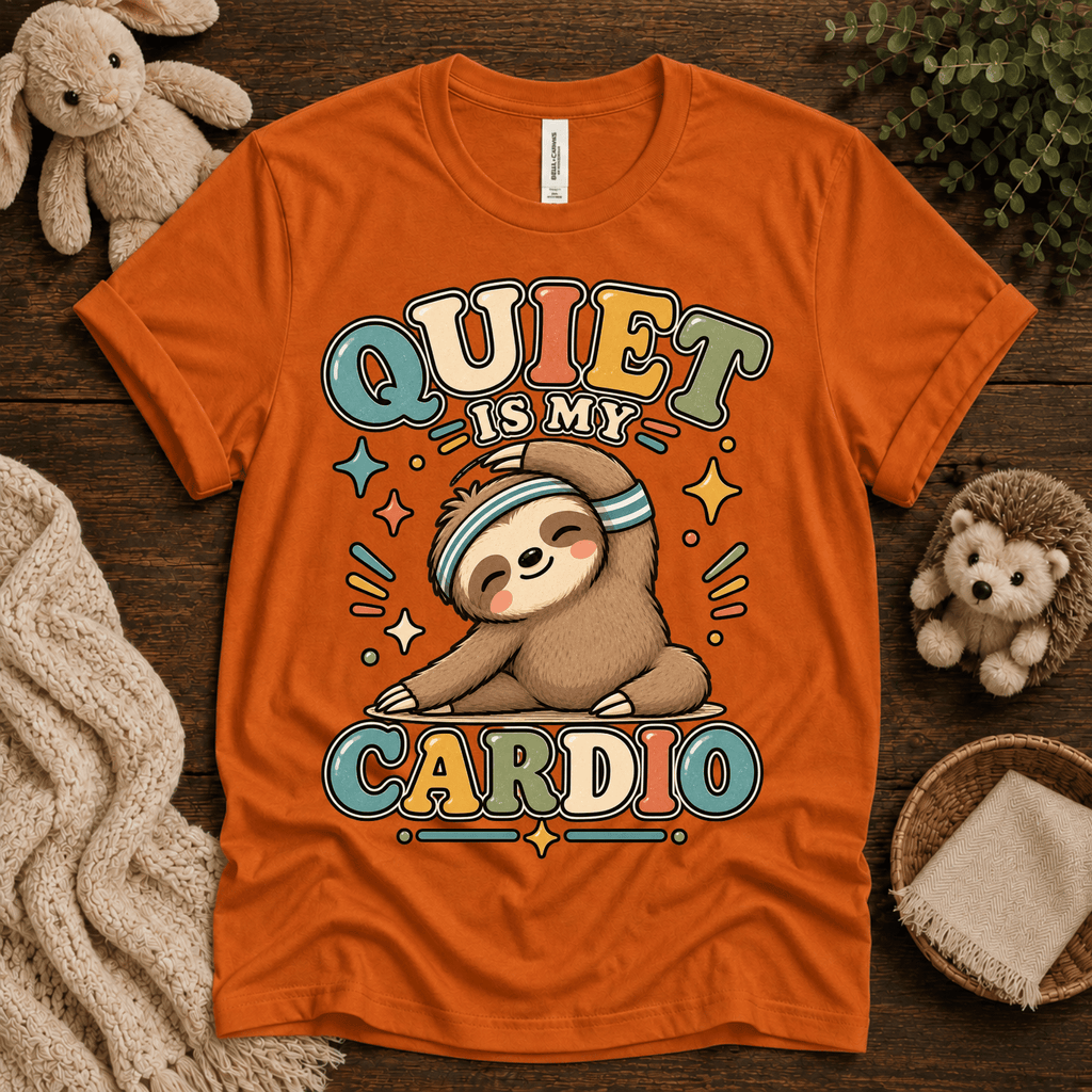 Quiet Is My Cardio cute animal graphic t-shirt cozy flat lay in burnt orange.