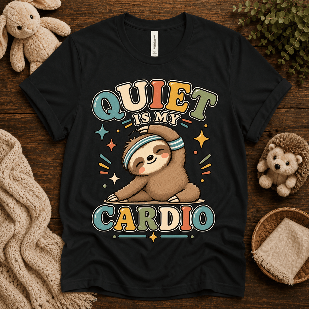 Quiet Is My Cardio cute animal graphic t-shirt cozy flat lay in vintage black.
