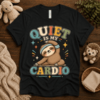Quiet Is My Cardio cute animal graphic t-shirt cozy flat lay in vintage black.